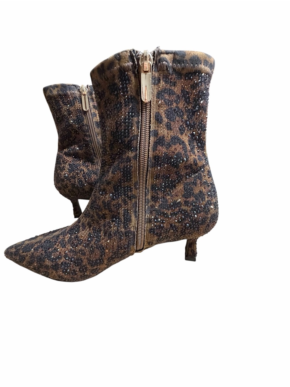Leopard Print Pointed-Toe Kitten Heel Ankle Boots - Brown - Picture 5 of 11